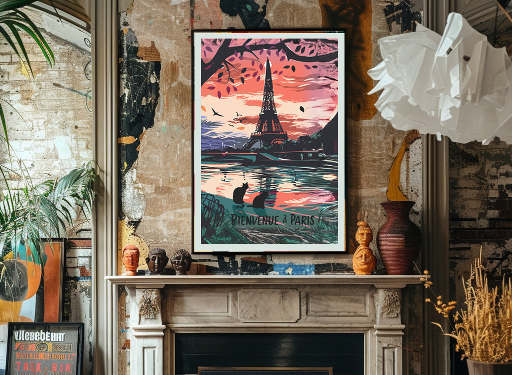 Art of the travel poster displayed above fireplace wall décor