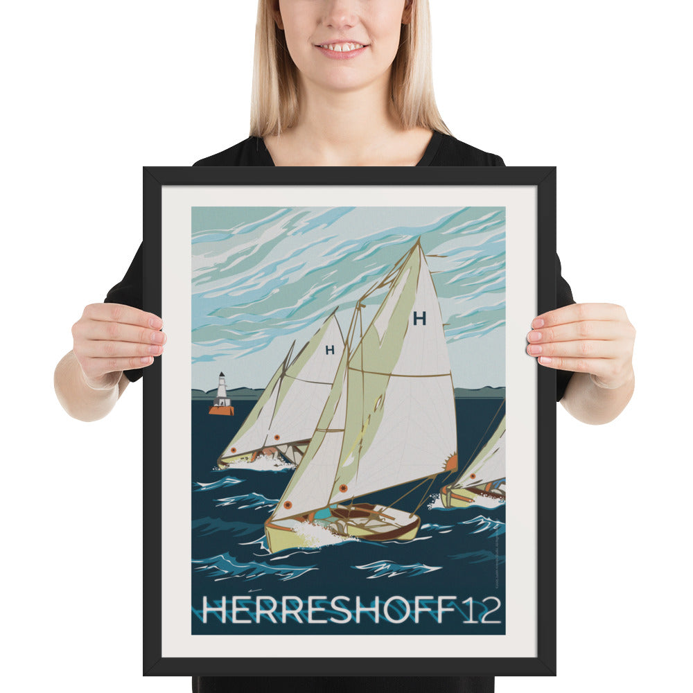 Framed Herreshoff 12 sailboat poster displayed as wall décor