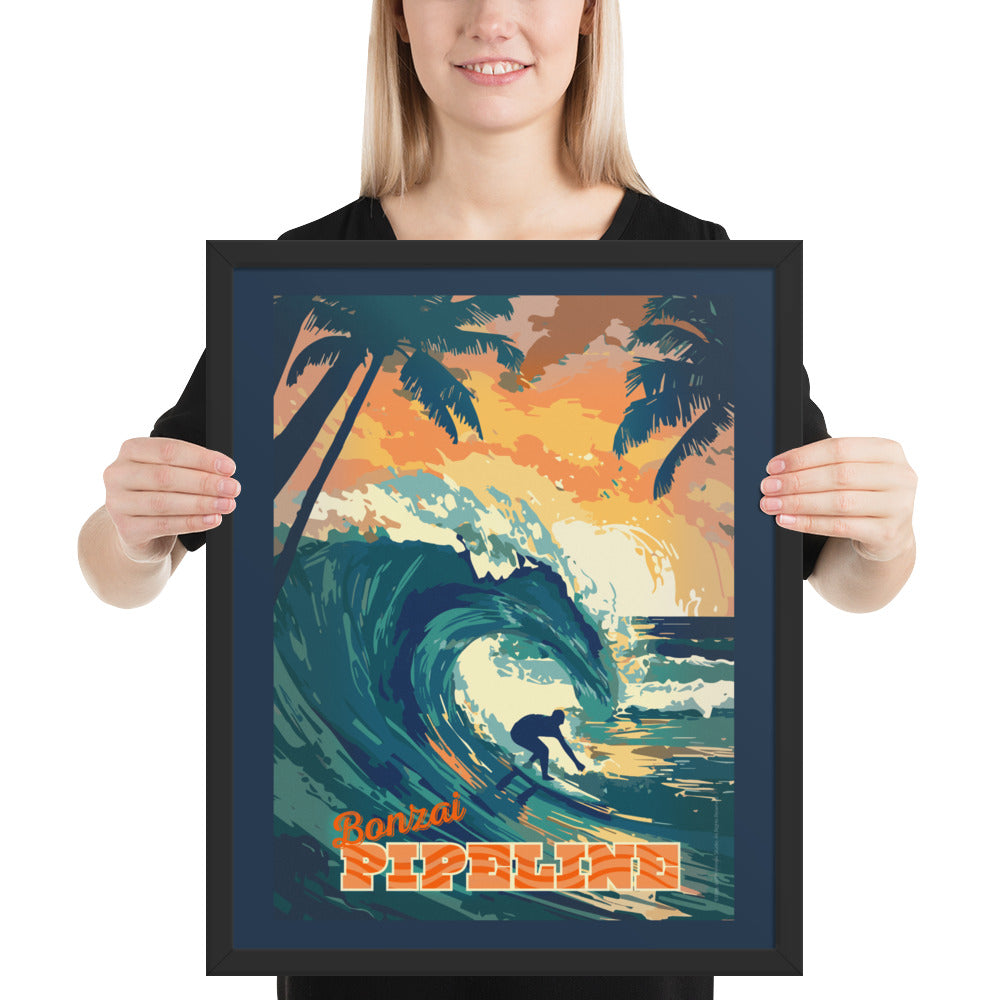 Bonzai Pipeline surf art poster print displayed in frame