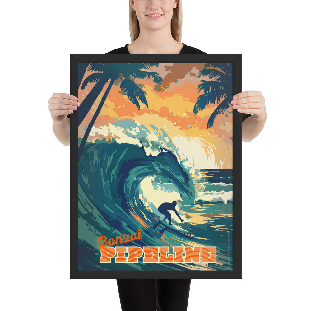 Bonzai Pipeline surfing poster wall art print framed in black