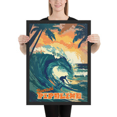 Bonzai Pipeline surfing poster wall art print framed in black