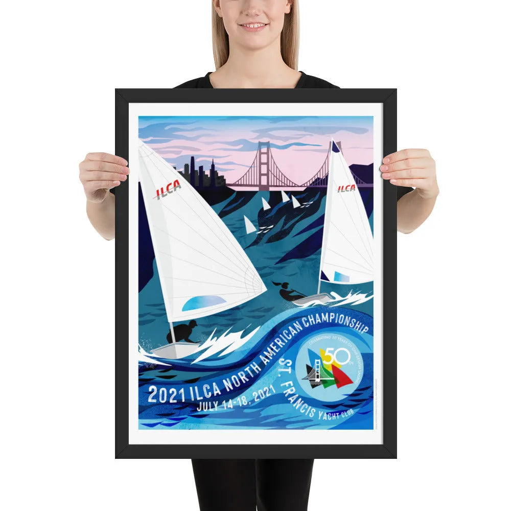 ILCA sailing competition poster print displayed in black frame