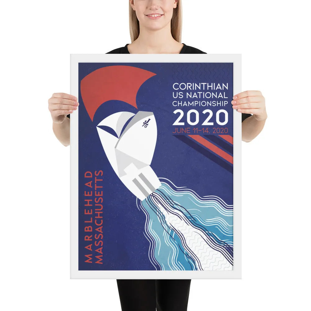 Framed J70 Corinthian sailing event poster displayed for wall decoration