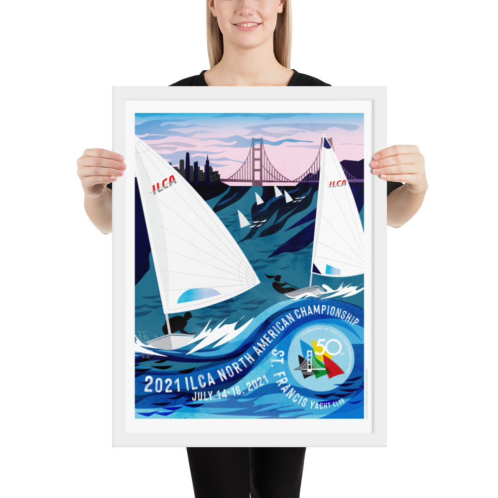 Framed ILCA sailing event poster print for nautical home décor